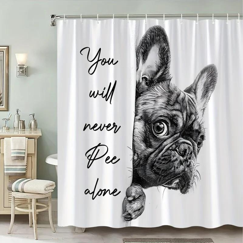 Funny Shower , Humorous Pet French Bulldog, Dog Bathroom Decoration Hanging Curtain, Artistic Creative Window