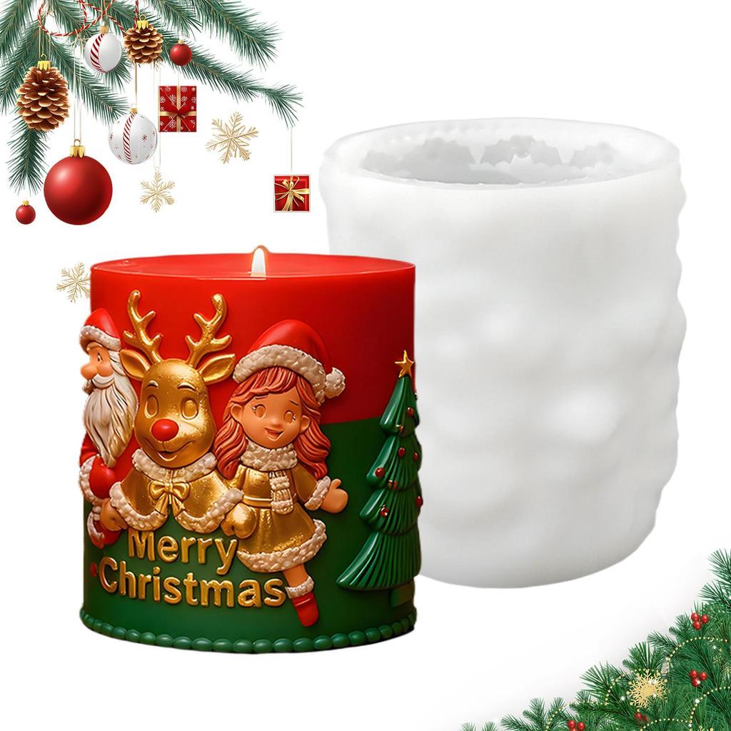 Moule à Bougie en Silicone de Noël Père Noël en Relief 3D Rennes Fille Moules Epoxy Ornement de Fête en Silicone Moule de Coulée