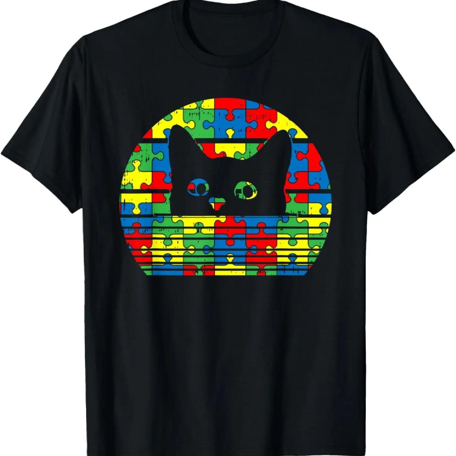 Черный кот Подарок для детей с аутизмом Милый котенок Китти Футболка S