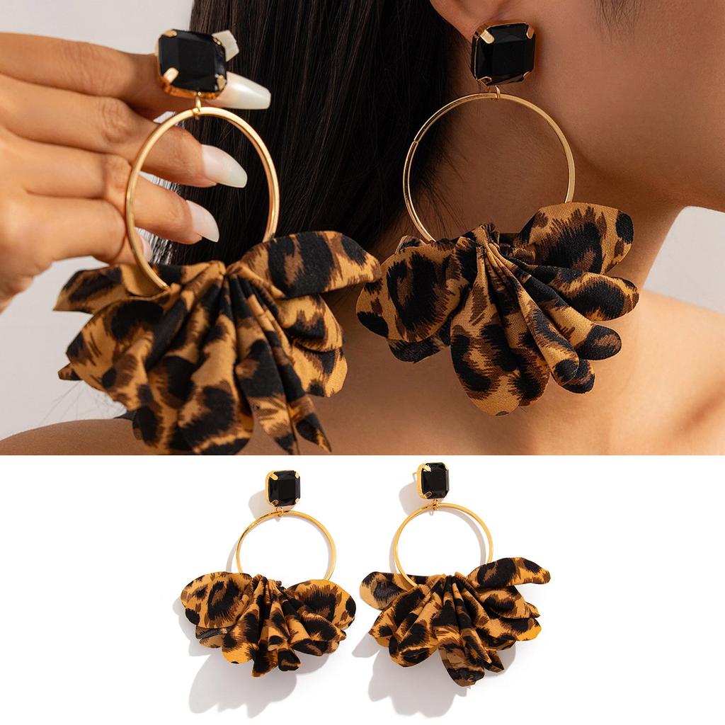 Retro Leopard Print Fabric Earrings for Women Exaggerated Black Geometric Rhinestones Circle Designs Ear Jewelry Gift