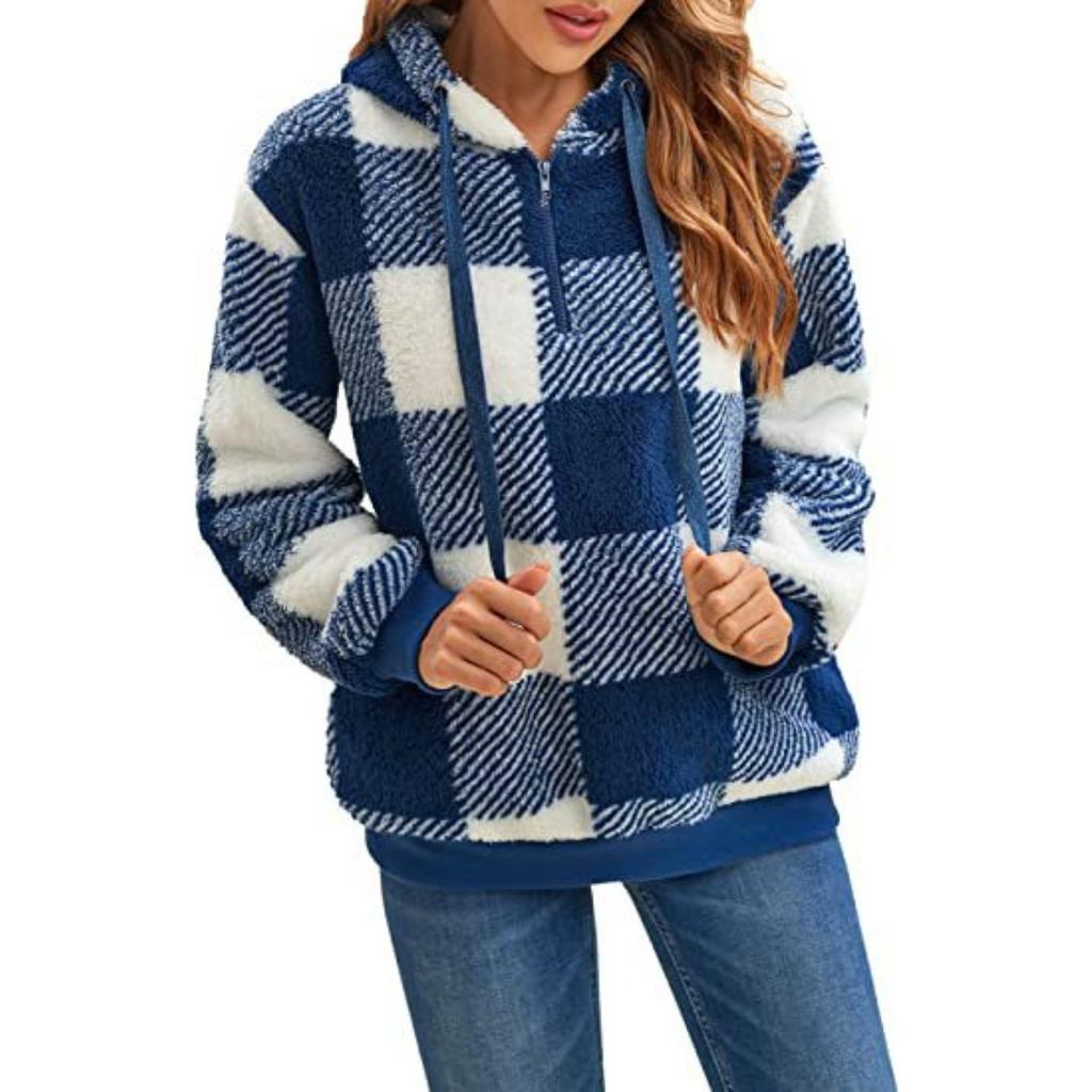 Plush Jacket Long Sleeved Hooded Plaid Plush, Women's Hoodie Jacket