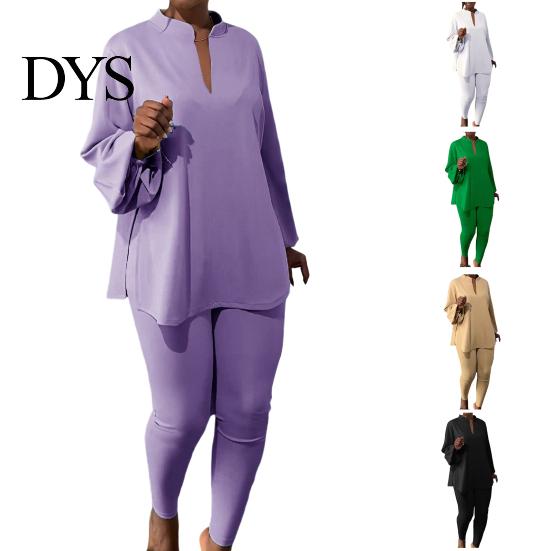 Loose T-shirt Set 2 Pcs/Set Women Top Pants Stand Collar Long Sleeve Split Hem Fall Clothing Blouse Elastic Waist Slim Fit Trousers Daily Wear Outfit