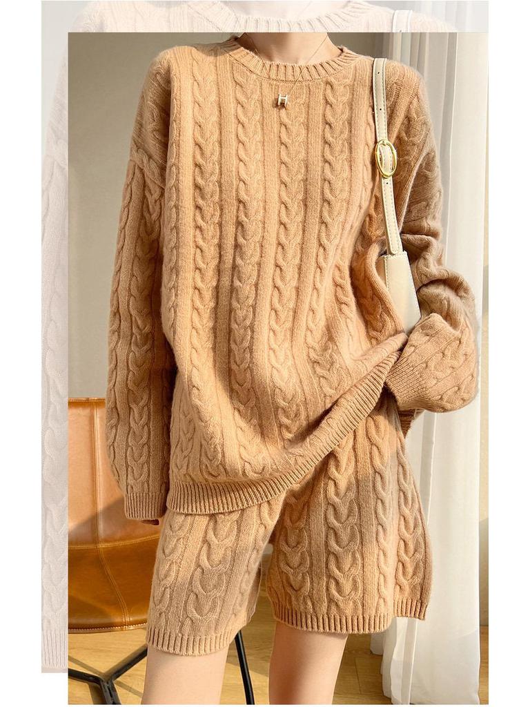 2022 Fall/Winter Women's 100% Wool Casual Knit Sweater & Cashmere Sweatshirt Set