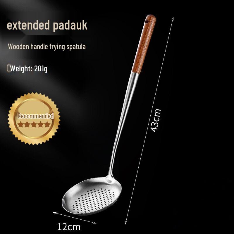 Rosewood Long Handle Stainless Steel Kitchen Utensil Set - Wok Spatula, Non-Stick Skimmer, Slotted Spoon, and Ladle