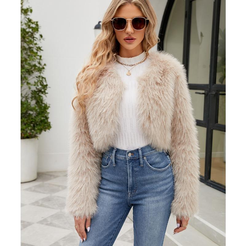Womens Faux Fur Cropped Jacket Open Front Long Sleeve Winter Coat