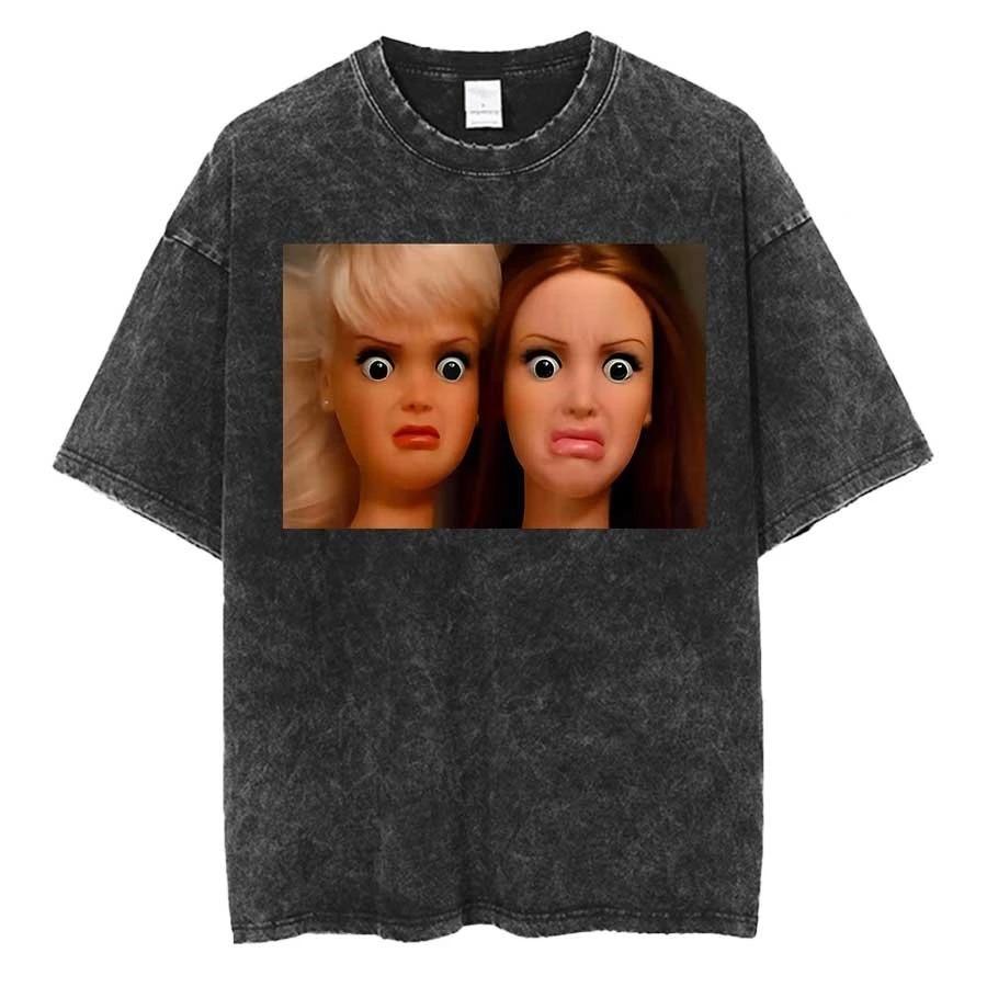 Tricou supradimensionat amuzant cu fața de păpușă uzată, fumând, unisex, pentru femei, streetwear, bumbac, tricou spălat vintage pentru tricouri unisex pentru femei