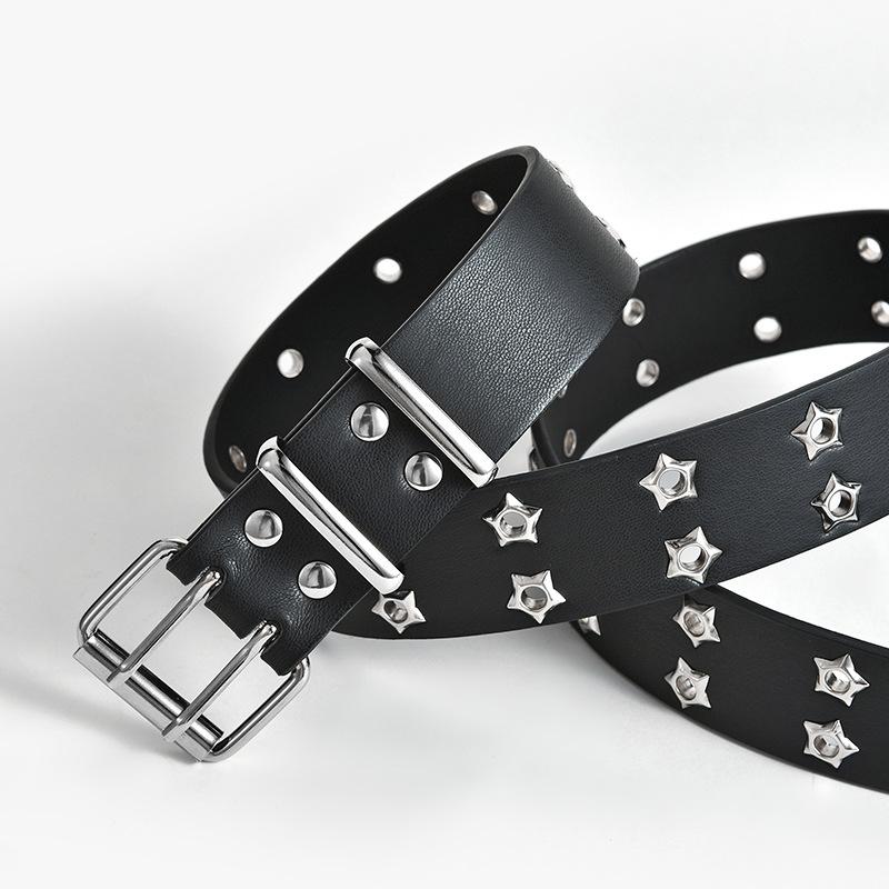 1PC 124CM Star Rivet Waist Belt Goth Style Double Pin Buckle Women Fashion Casual Punk Leather Waistband