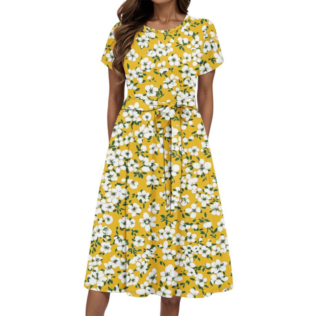 Women's Summer Fashion Round Neck Casual Plant Floral Print Short Sleeve Dress