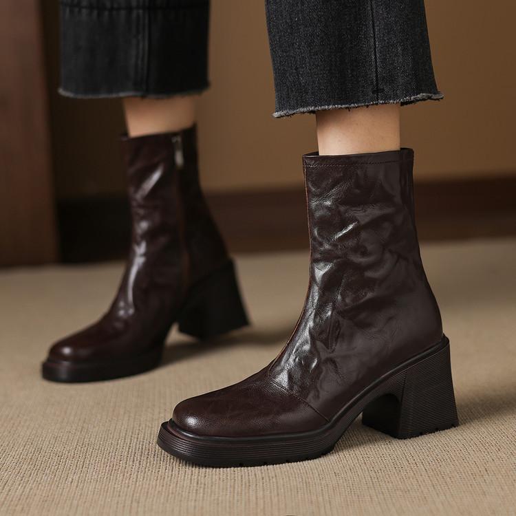 Giant Soft Inside and Outside Full Leather Square Heel Round Head Side Zipper Chelsea Boots Top Leather Retro Platform Short Boots Martin Boots