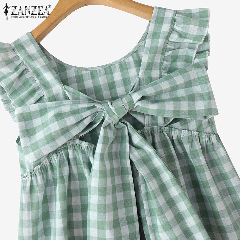 ZANZEA Women Casual Round Neck Sleeveless Summer Grid Print Tank Tops