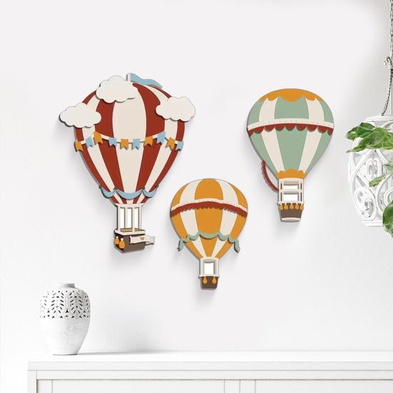 3Pcs Wooden Hot Air Balloon Wall Art Hand-Painted Rustic Hanging Decor for Bedroom Classroom Christmas Cute Nursery Ornament Boho Home Accent