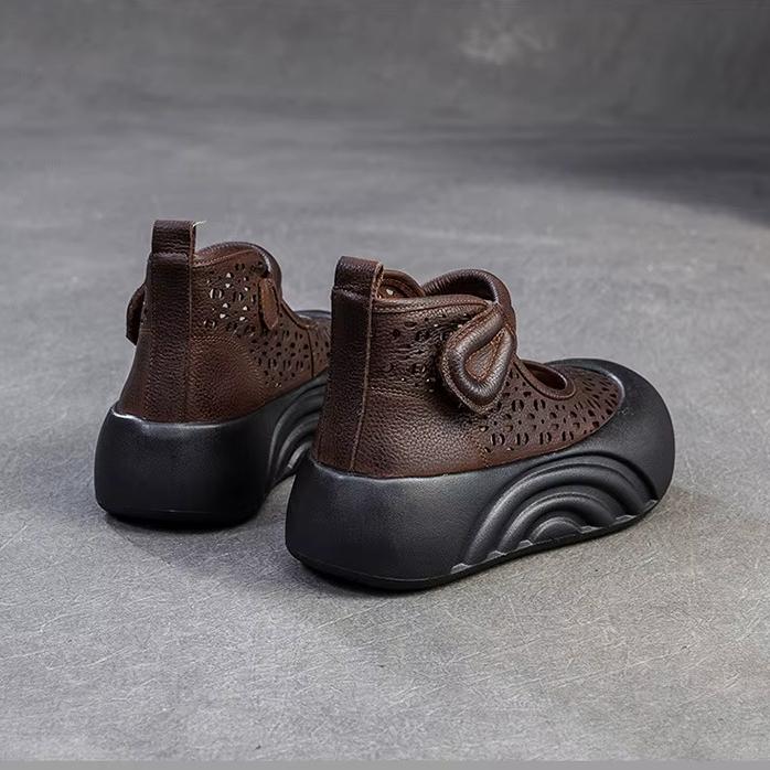 Johnature Sandálias de couro legítimo com sola grossa romanas respiráveis e plataforma plana feminina