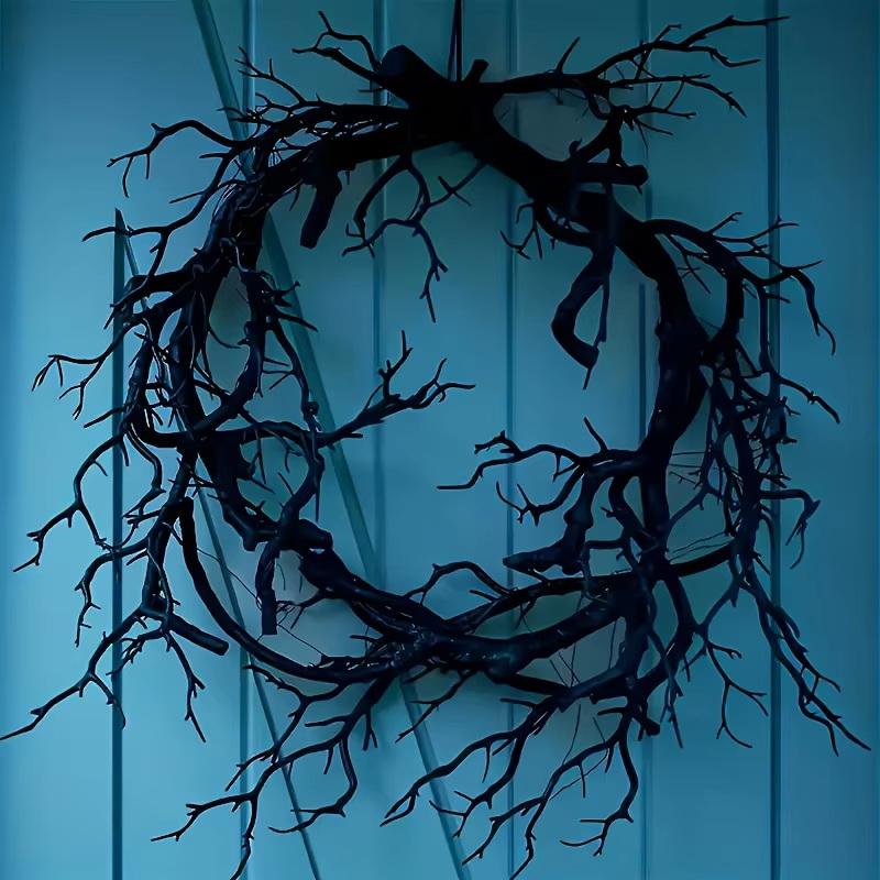 1Pc Spooky Prank Black Branch Wreath Decoration-Vintage Indoor/Outdoor Wall-Mounted Hanging Garland With Twisted Branches
