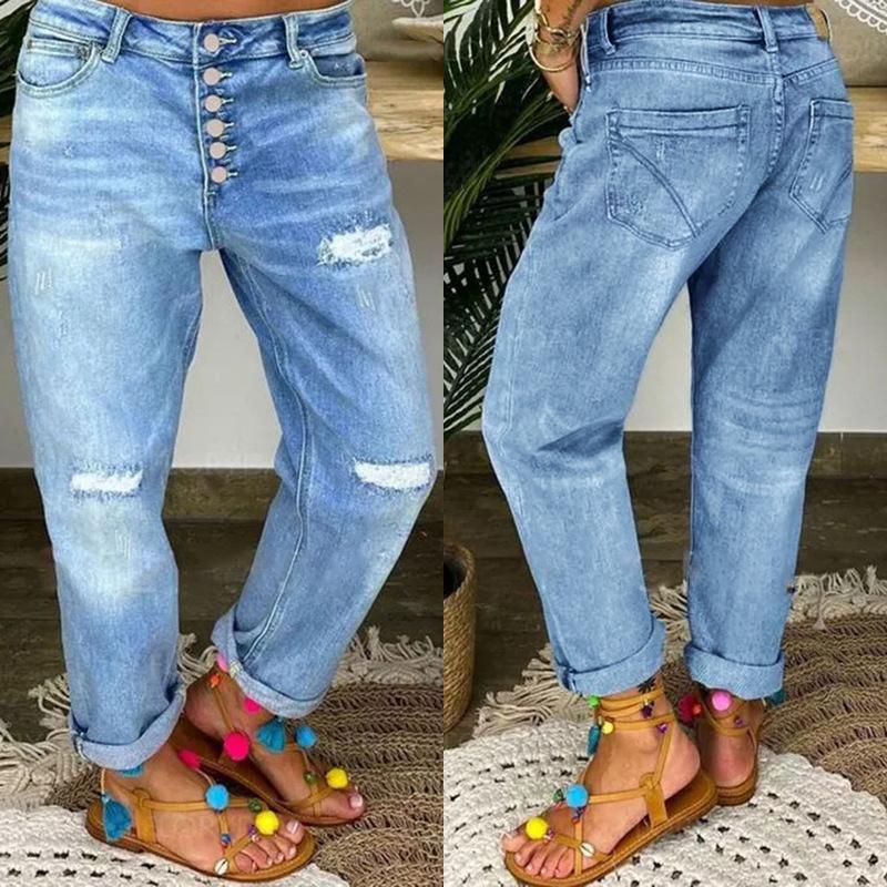 2025 Blue Ripped Women's Loose Straight Jeans - European & American Style