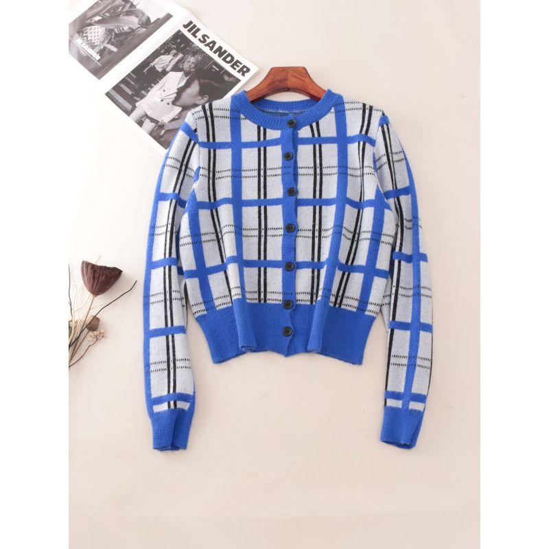 round Neck Single-Breasted Contrast Color Imitation Mink Outerwear Foreign Trade Original Order Loose Version Plaid Autumn and Winter Women Cardigan