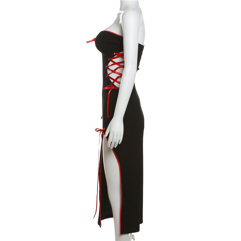 AltGoth Gothic Dark Midi Dress Dámské Vintage Fairycore Grunge Punk Y2k Hotsweet Pásek na špagety Dutý korzet Bodycon šaty