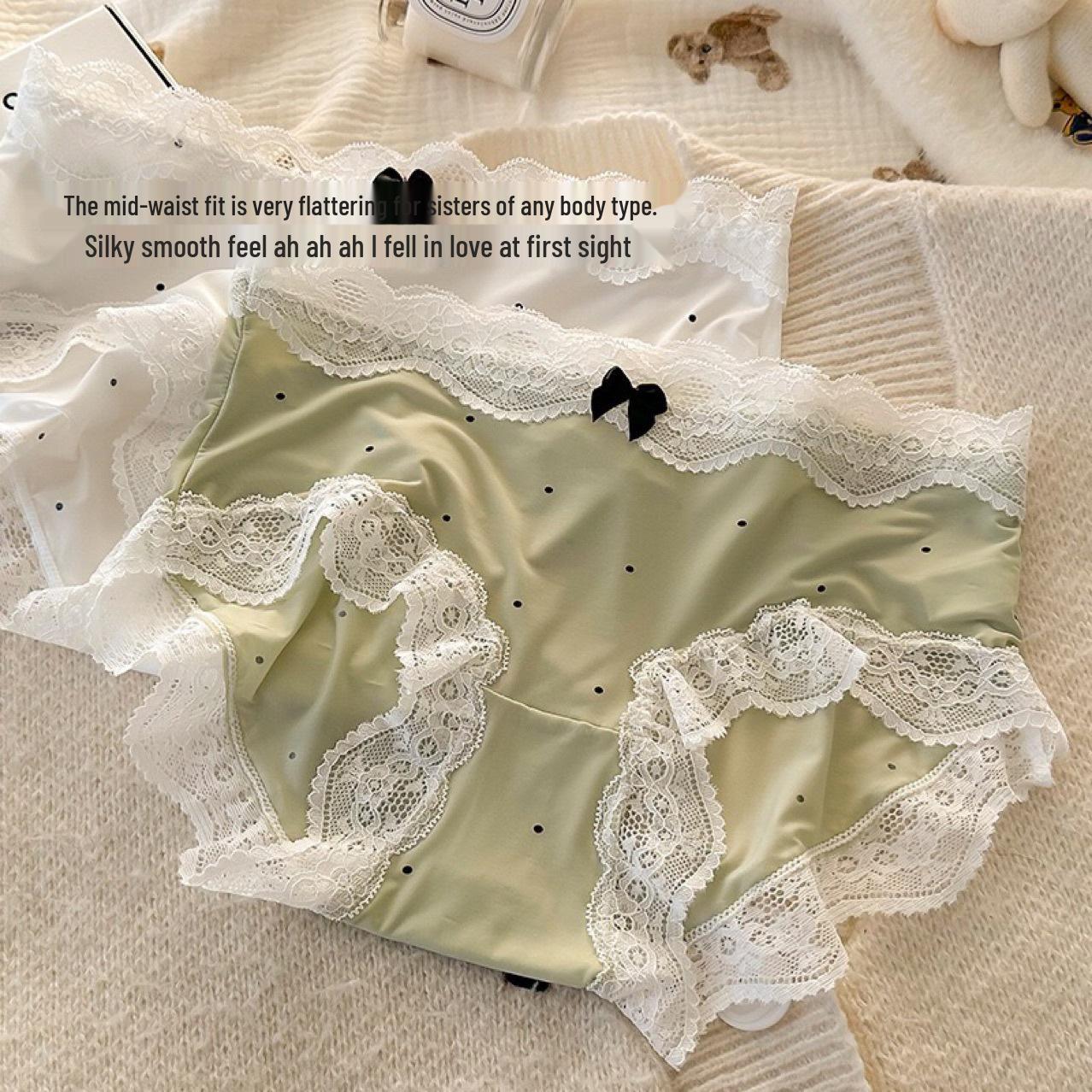 

Французские Ретро Кружевные Трусики в Горошек из Чистого Шелка с Хлопковой Ластовицей и Бантиком M [80-100 jin]