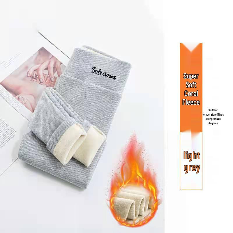 Women's Grey Ribbed Lambswool High-Waisted Slimming Leggings, Thickened with Plus Velvet for Warmth