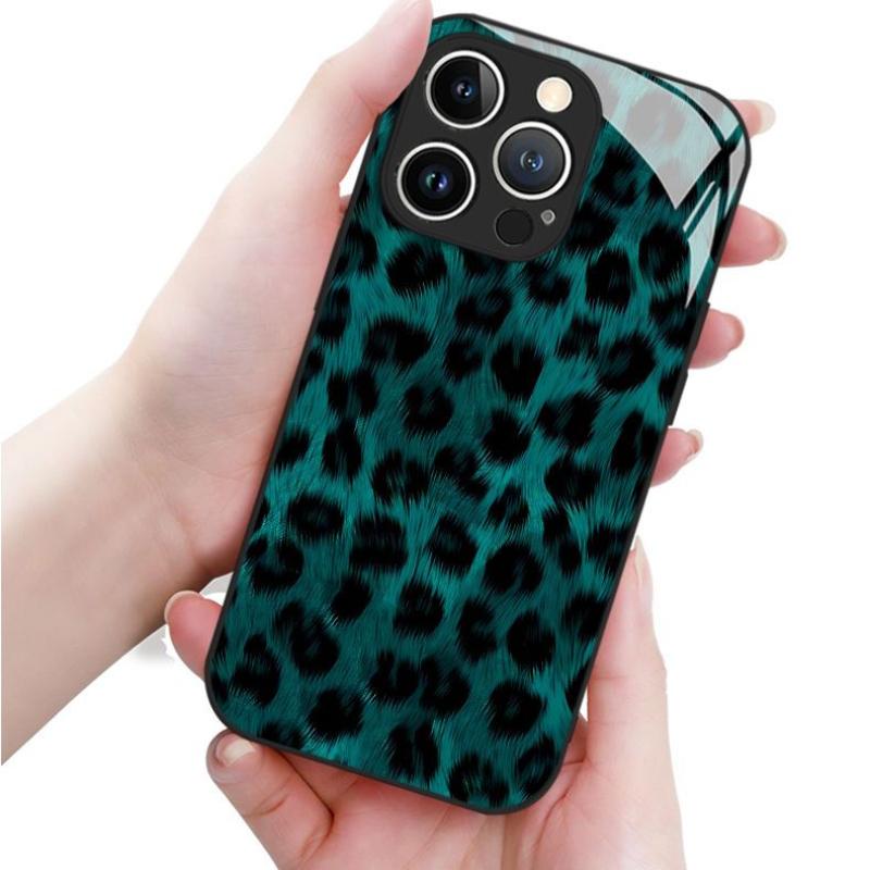 Dark green leopard print tempered glass phone case suitable for iPhone 17 16 15 14 13 12 11Pro Max Plus anti drop and shockproof
