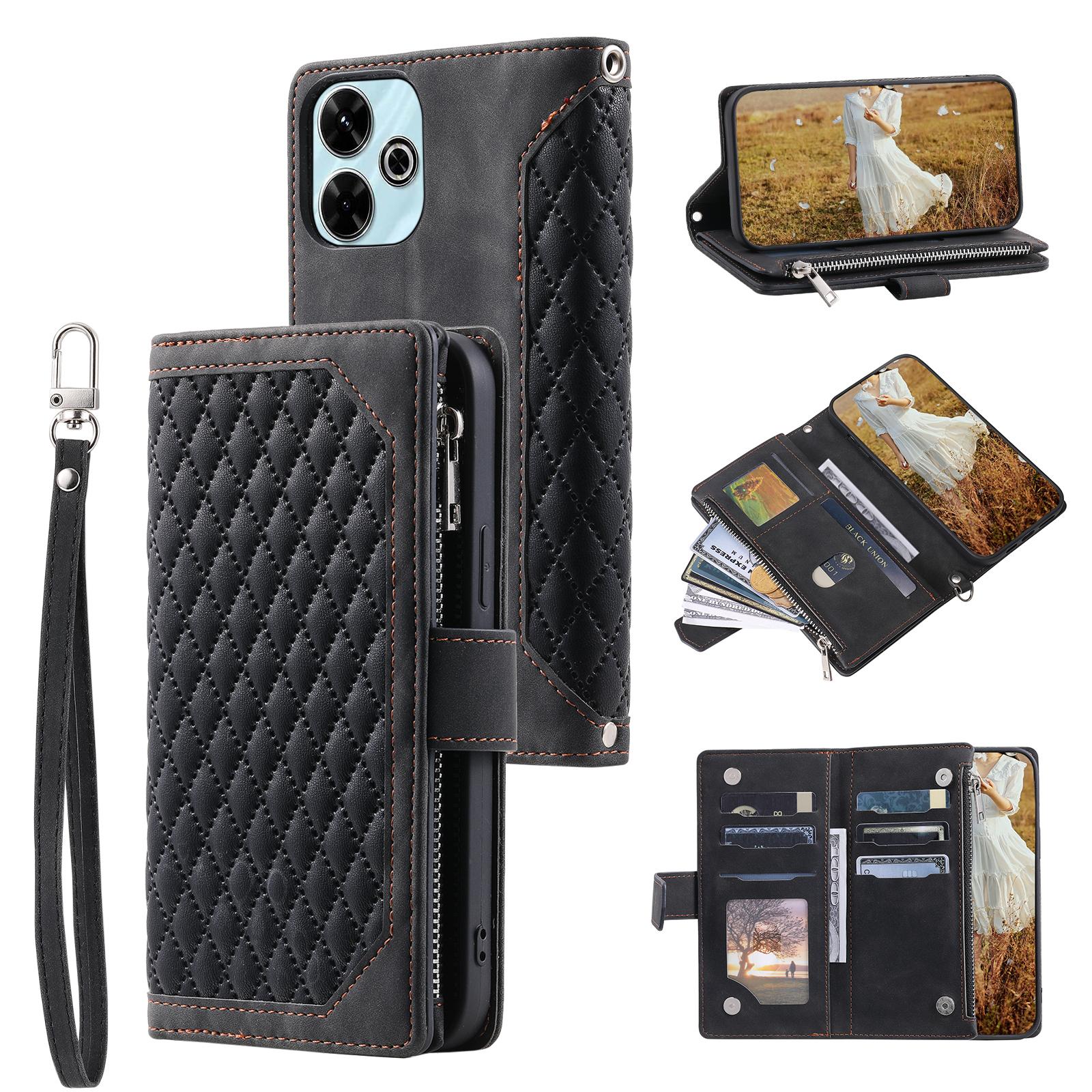 

Style 005 For Xiaomi Redmi 13 5G/4G Wallet Case Rhombus Stitching Line PU Leather Phone Cover Black