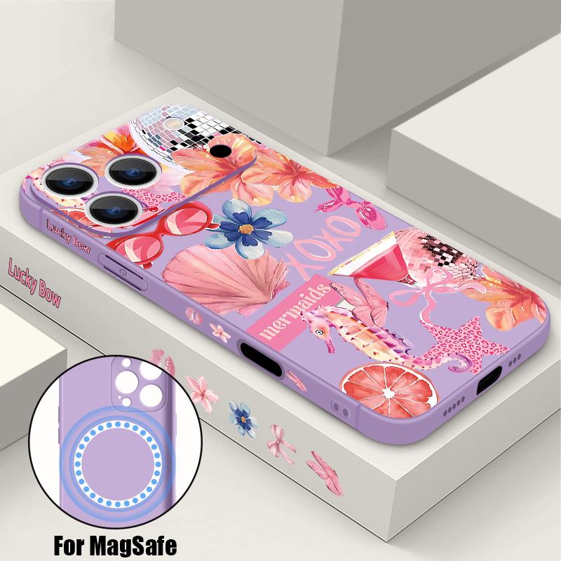 Pink Cartoon Floral Pattern Case For iPhone 17 Pro Max Magnetic For Magsafe Silicone Cover For iPhone 16 Pro Max Funda iPhone 15 14 13 12 11 16E Air