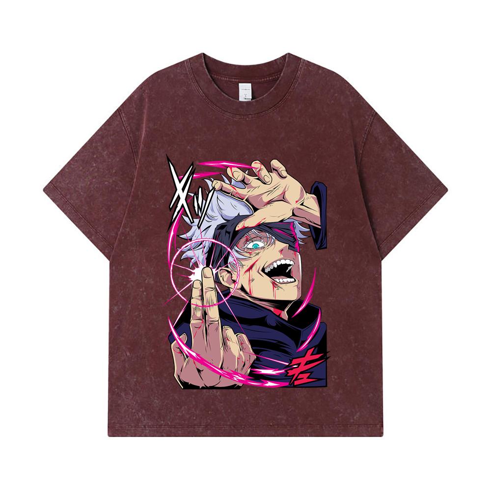 275 GSM Washed T-shirts 100% Cotton Jujutsu Kaisen V19 Gojo Print Unisex Heavy Cotton T Shirt