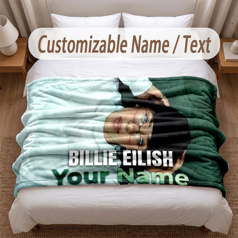 Billie Eilish Printed Flannel Blanket Custom Name Text Soft Warm Throw For Bedroom Holiday Gift