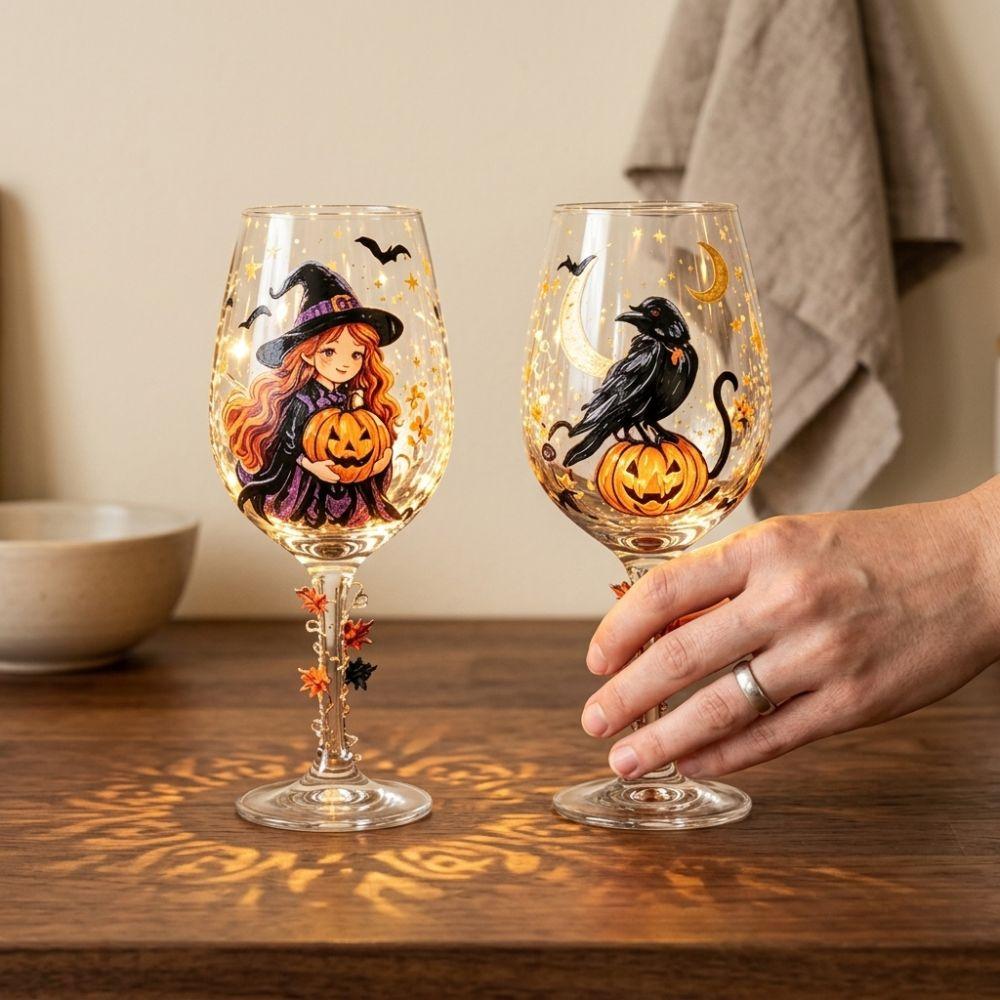 Coppa da Vino Zucca Strega Dipinta a Mano Vetro Trasparente Floreale Acqua Acero Decorazione Tavola