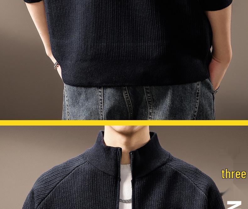 High-End American Trendy Men's 2025 Autumn/Winter Three-Stripe Knit Stand Collar Cardigan Sweater