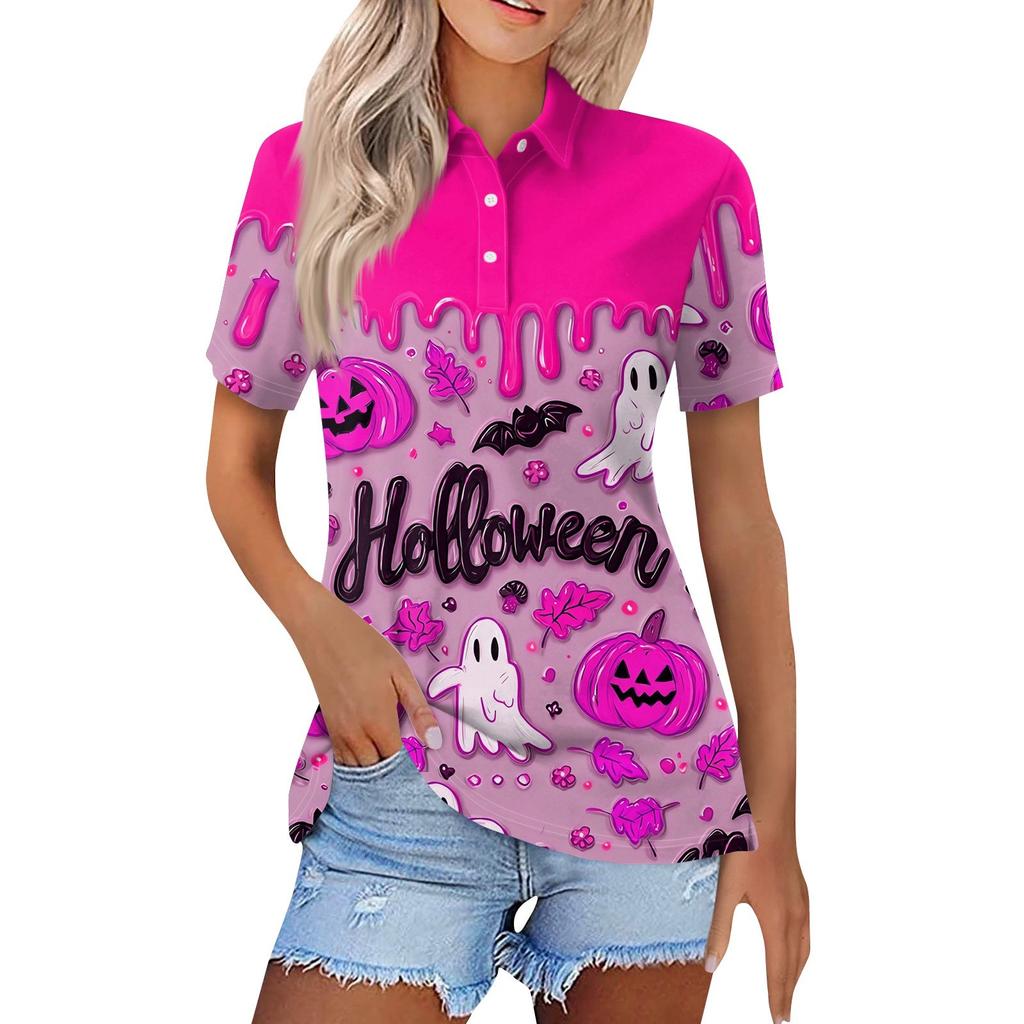 Damenmode Lässig Revers Kurzarm Halloween-Print Hemd Damen Button-Up Oberteile