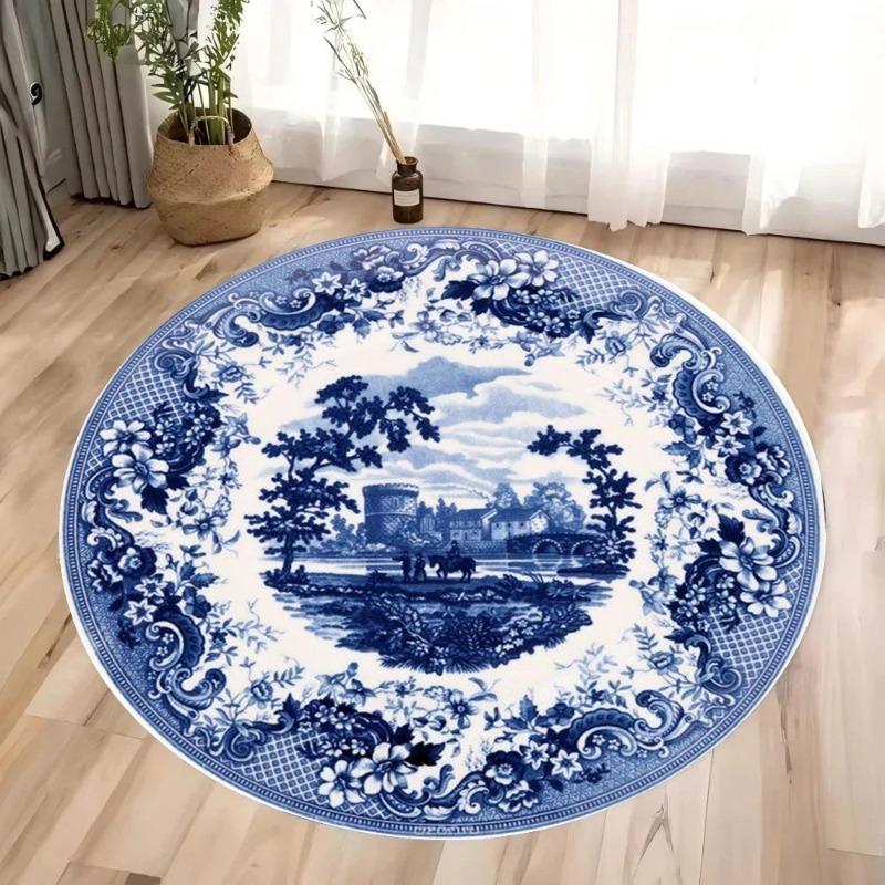 Chinese Blue and White Porcelain Style Circular Carpet Living Room Rug Anti Slip Dirt Resistant Mat Home Decoration