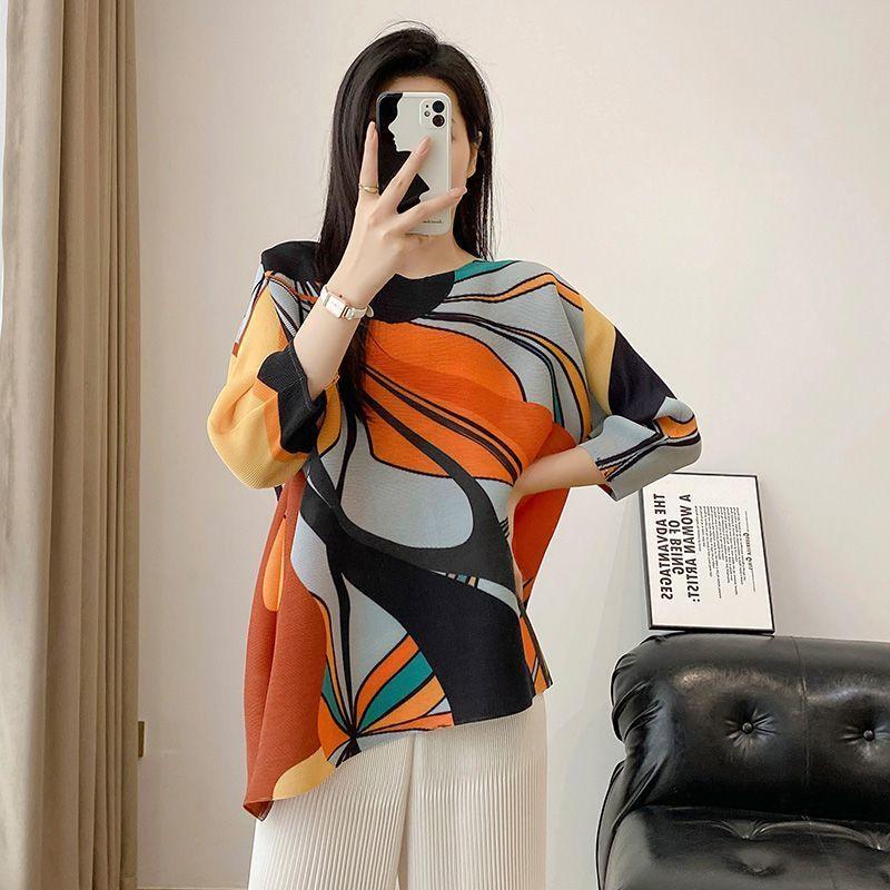 

Плиссированный топ с женским принтом, новый летний свободный и обтягивающий фасон, универсальный дизайн и молодежный тренд футболок. XXXL оранжевый