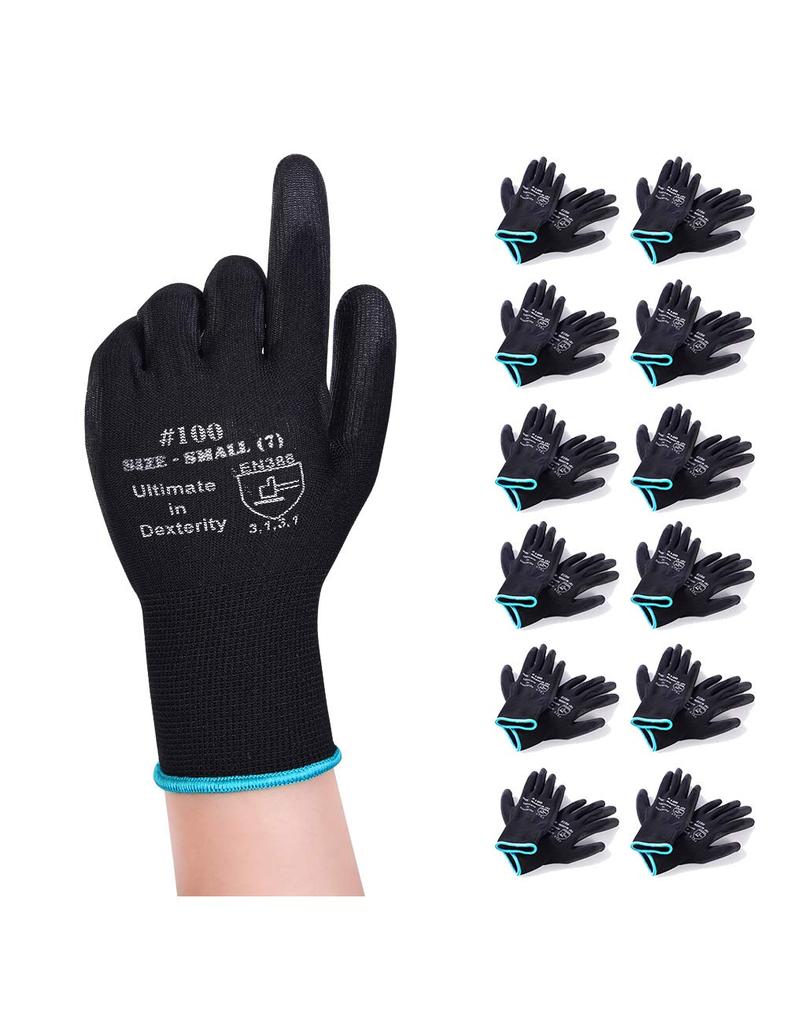DONFRI Bulk Purchase Light Work Thin PU Gardening Abrasion Resistant Gloves, Gloves, Black, Gloves, Non-Slip, (Size 12, S)