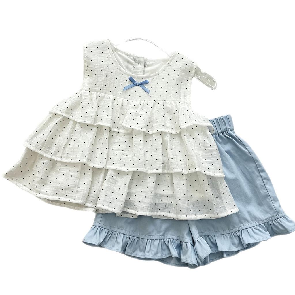 Girls Summer Polka Dot Ruffle Tiered Sleeveless Top And Shorts Set Fashionable Two Piece Outfit For Kids