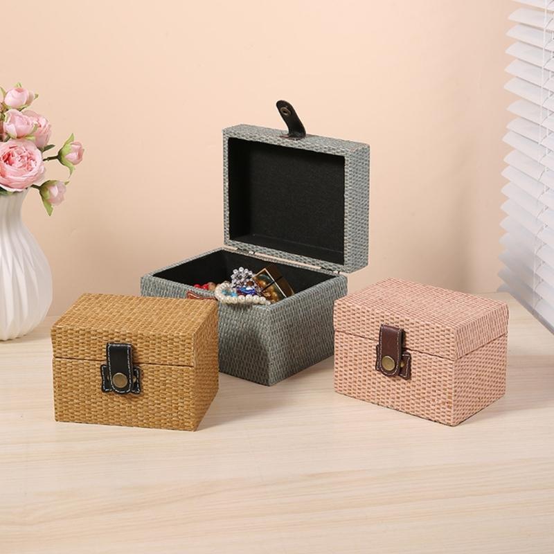 Convenient Travel Storage Box Wicker Pattern Jewelry Presentation Case Multi Functional Wooden Earrings Necklaces Holder