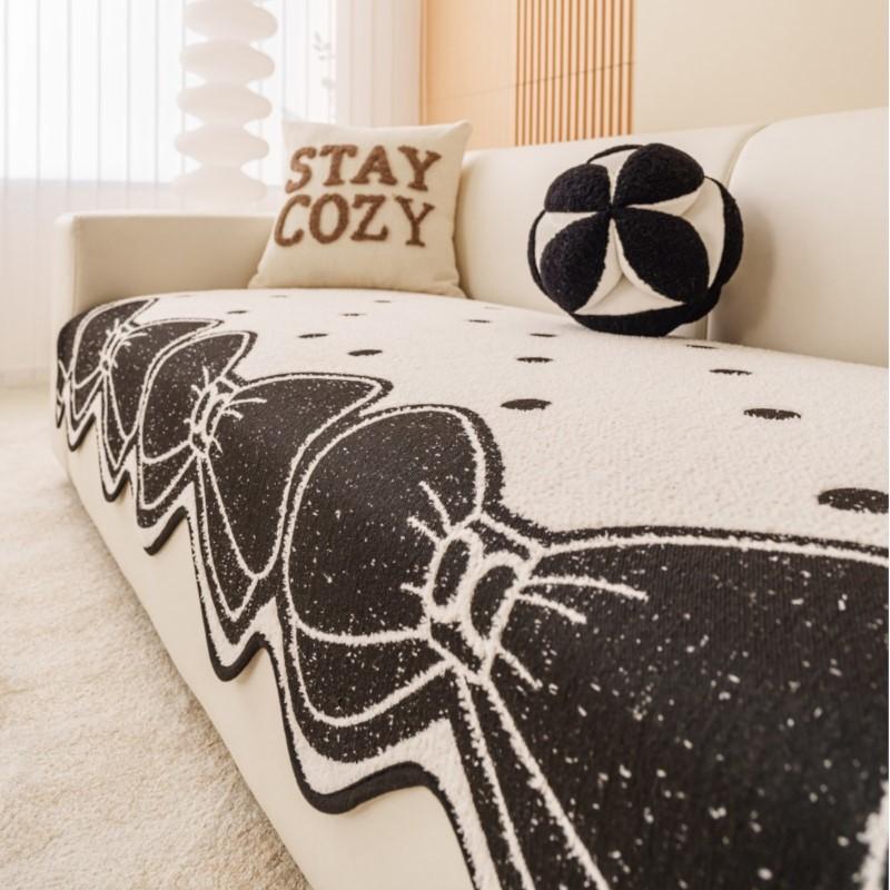 Frosty Thicken Settee Pad Cushion Anti-Slip Vintage Bowknot Fleece Settee Cushions Sitting Space Black Custom-fit Thermal Couch Mats