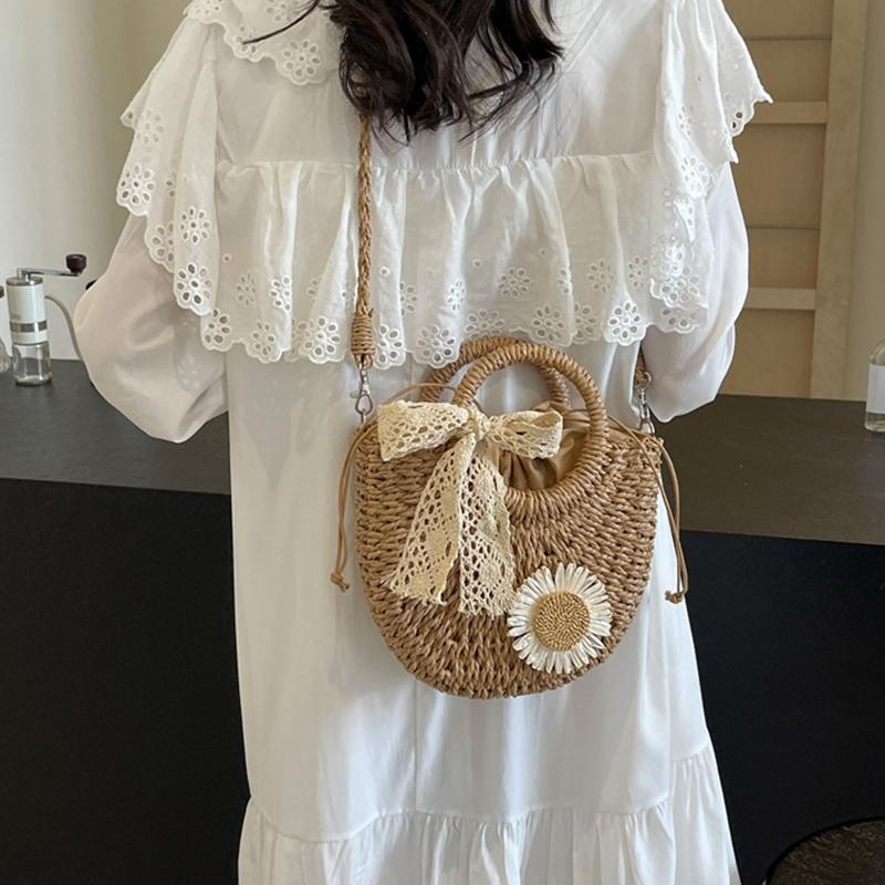 Yogodlns Women Straw Summer Beach Small Drawstring Shoulder Bag Fashion Woven Floral Decor Travel Half-moon Crossbody Bag