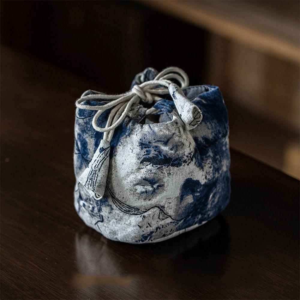 Chinese Style Tea Tools Storage Bag Cotton Drawstring Bundle Pocket Ink Rendering Handbag  Festival