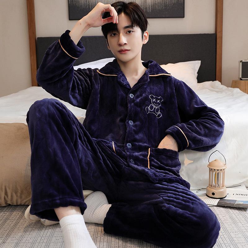 Men's Autumn/Winter Flannel Lapel Pajamas - New Arrival, Plus Velvet, Thickened Coral Fleece Homewear