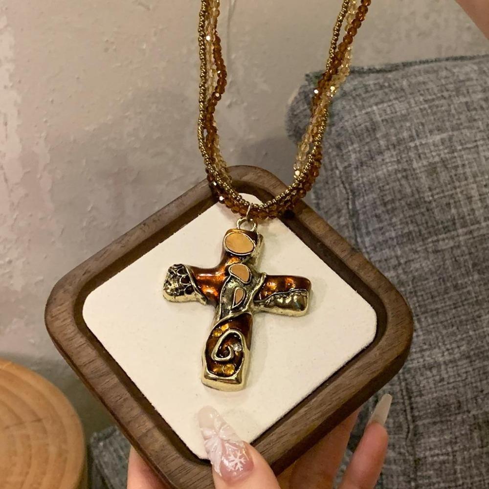 Multicolor Beaded Chain Necklace Metal Pendant Sweater Necklace Trendy Gothic Cross Necklace Women