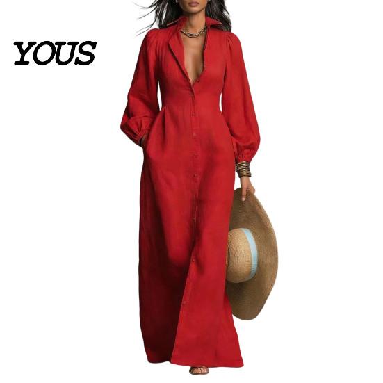 Autumn Women Dresses Button Front Shirt Dress, Long Sleeve Turn-down Collar Collared Style Solid Color Cinched Waist Dress for Daily Office Casual