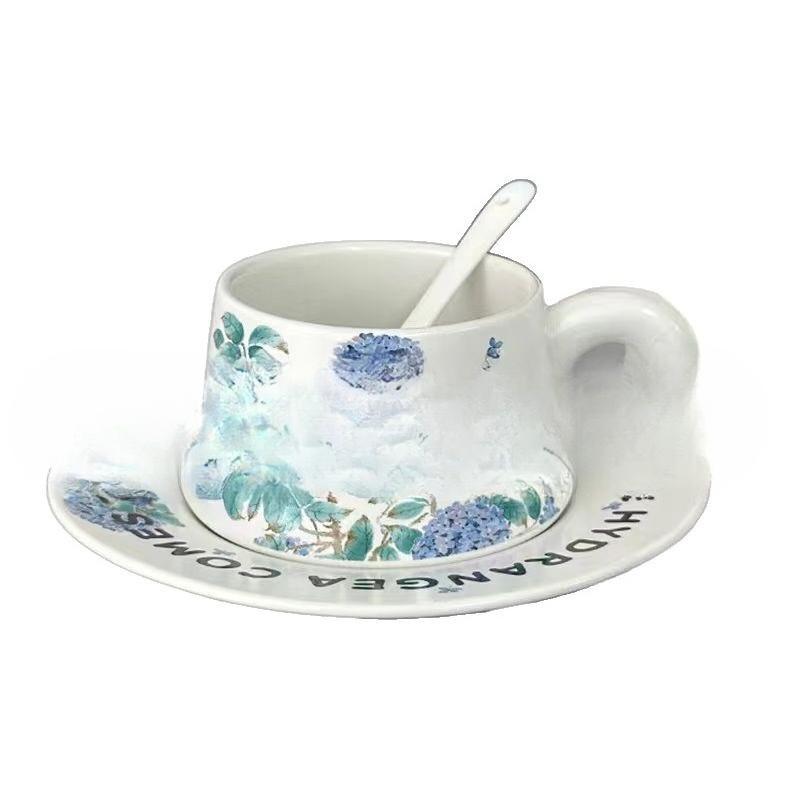 Retro Oil Painting Style Hydrangea Coffee Cup and Saucer Set Ceramic Coffee Cup Gift Box  High End Souvenir