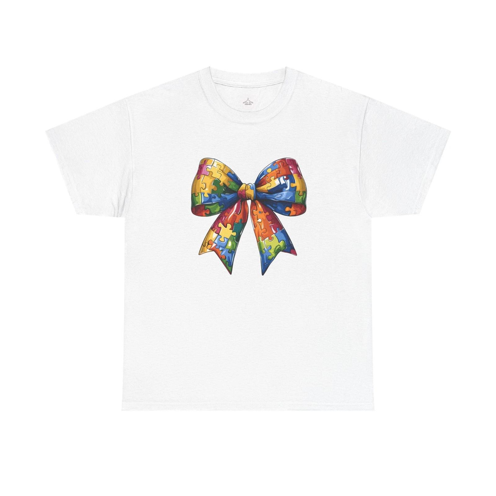 Colorful Puzzle Bow Unisex Heavy Cotton Tee - Autism Awareness, Gift, Casual XL