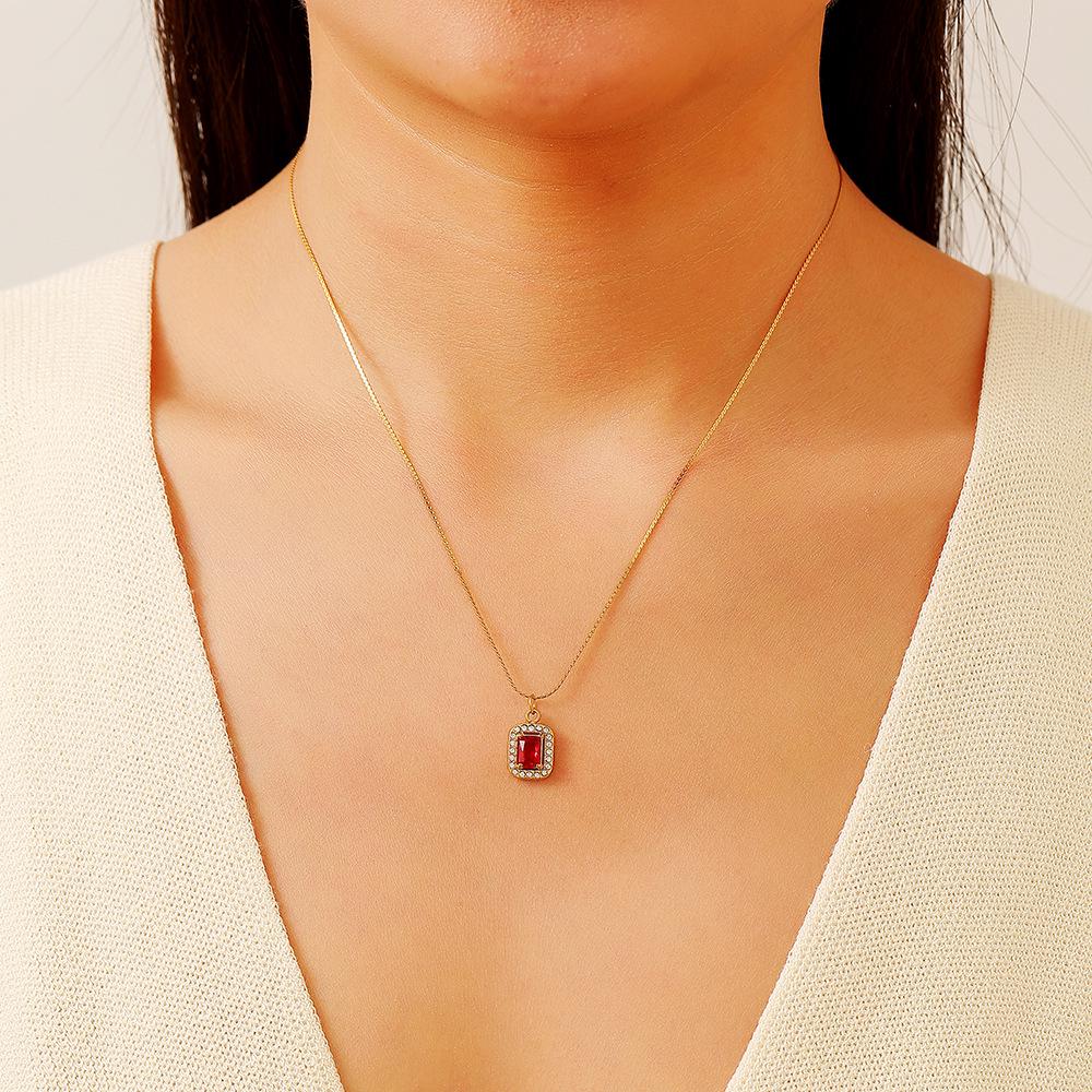 18K Gold Plated Stainless Steel Necklace with Red Zirconia – Titanium Steel, European and American Design for Women