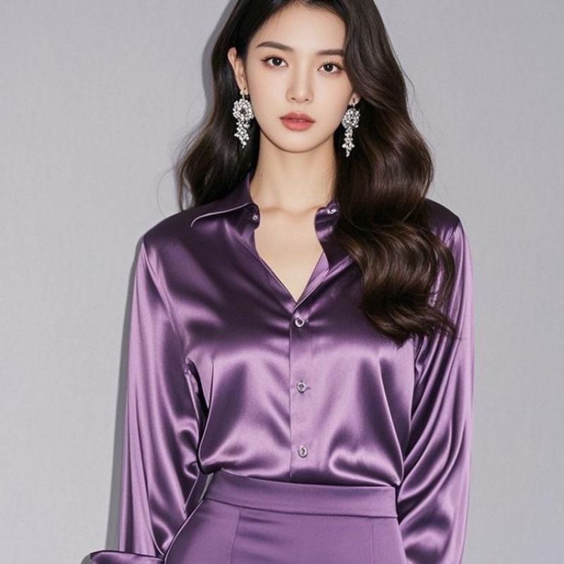 Summer Trend Fashion Women's Casual Elegant Satin Long Sleeved Shirt Office Women's Shirts And Blouses Slim Femal Clothes
