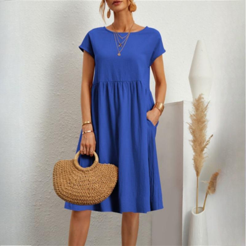 

GMXIA Мода Летний Темперамент Женское Хлопково-Льняное Платье с Круглым Вырезом А-силуэта Большого Размера Свободные Платья XL синий