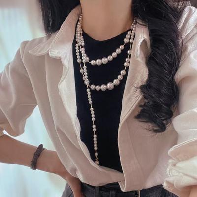 Retro High Quality High Quality High Gloss Artificial Pearl Multi-Layer Sweater Chain Necklace Atmosphere