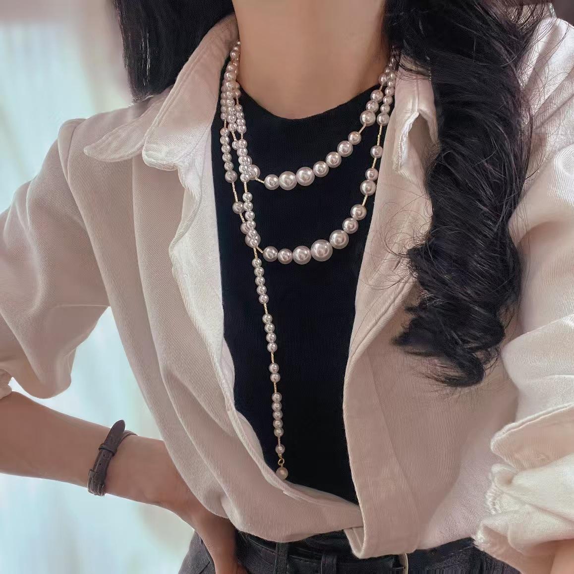 Retro High Quality High Quality High Gloss Artificial Pearl Multi-Layer Sweater Chain Necklace Atmosphere