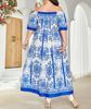 Plus Size Off-Shoulder Blue & White Porcelain Print A-Line Dress for Women