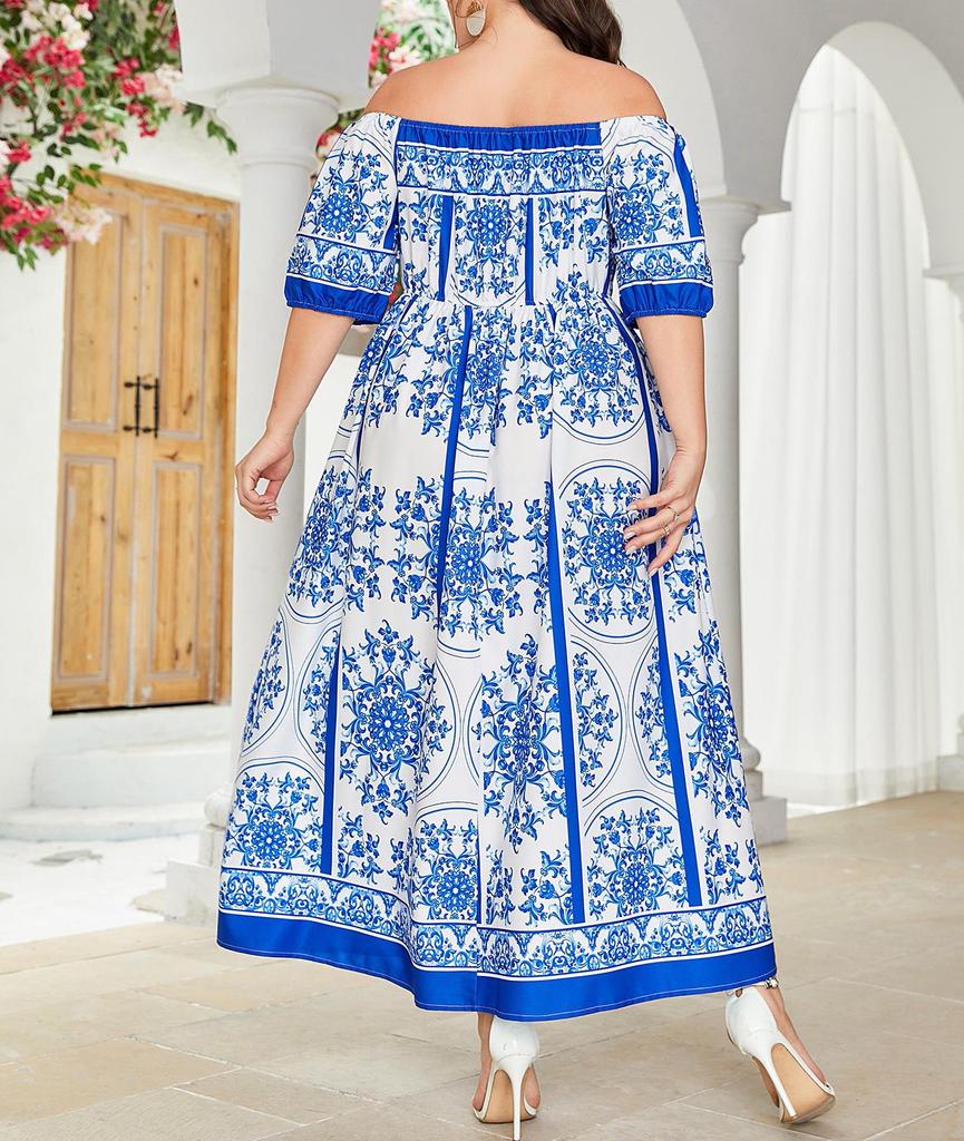 Plus Size Off-Shoulder Blue & White Porcelain Print A-Line Dress for Women